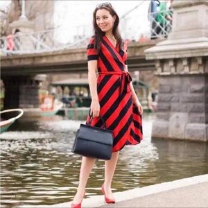 Tory Burch Sara Striped Red Navy Wrap Midi Dress XS